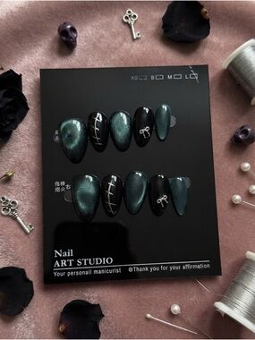 Nail Art Studio Shimmery Teal & Black Press-On Nails - Women Makeup